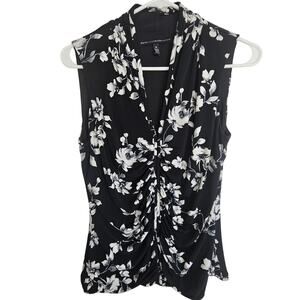 White House Black Market Blouse Women M Floral Romantic Sleeveless Ruched Front